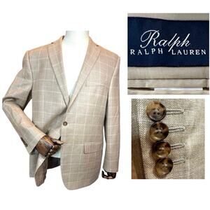VTG Ralph Lauren 44R Sport Coat Blazer Wool Silk Linen Windowpane Plaid Beige